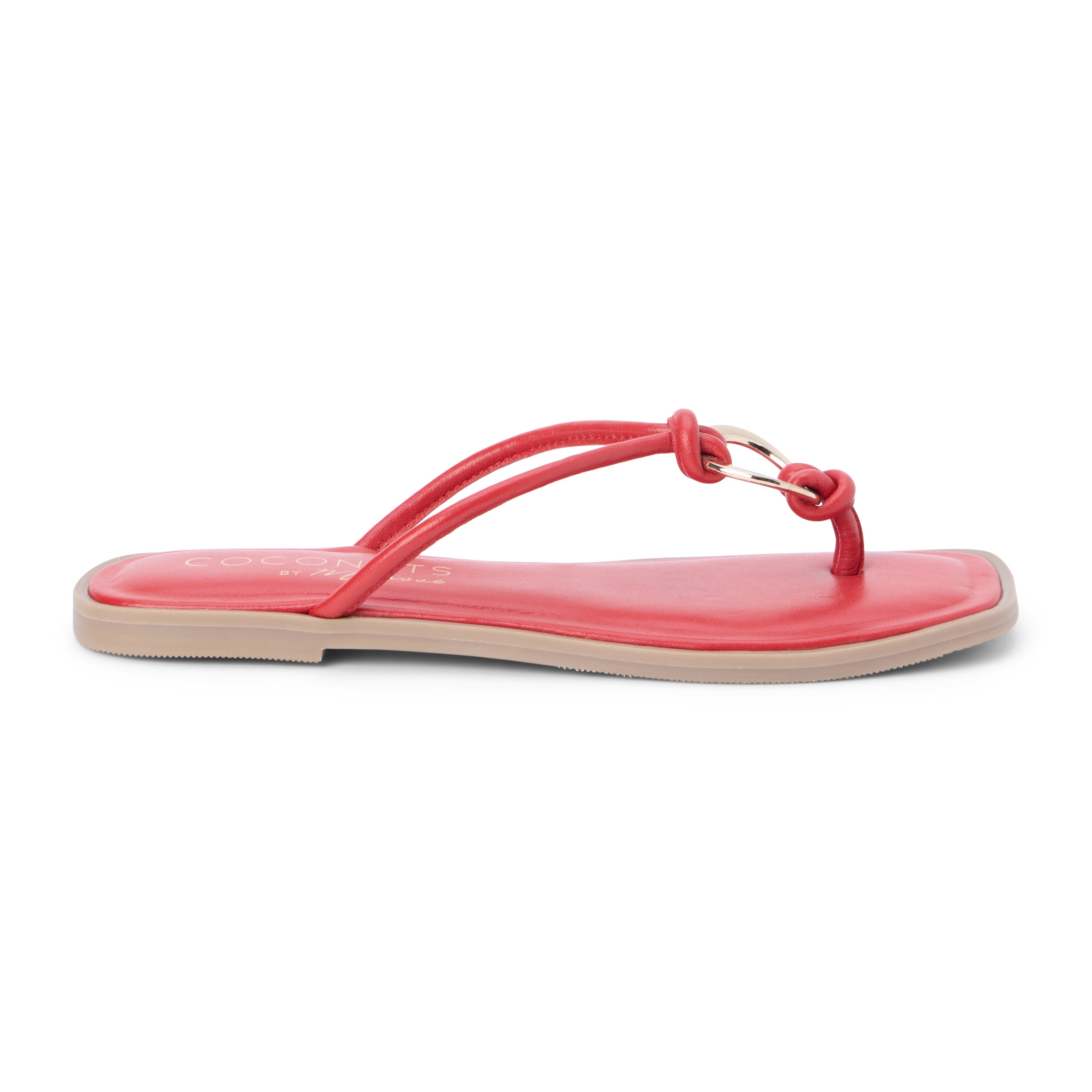 Red leather thong sandal with metal ring detail and flat sole shown on a white background.