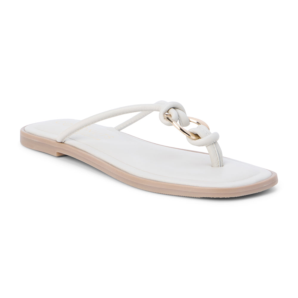 Ivory leather thong sandal with metal ring detail and flat sole shown on a white background.
