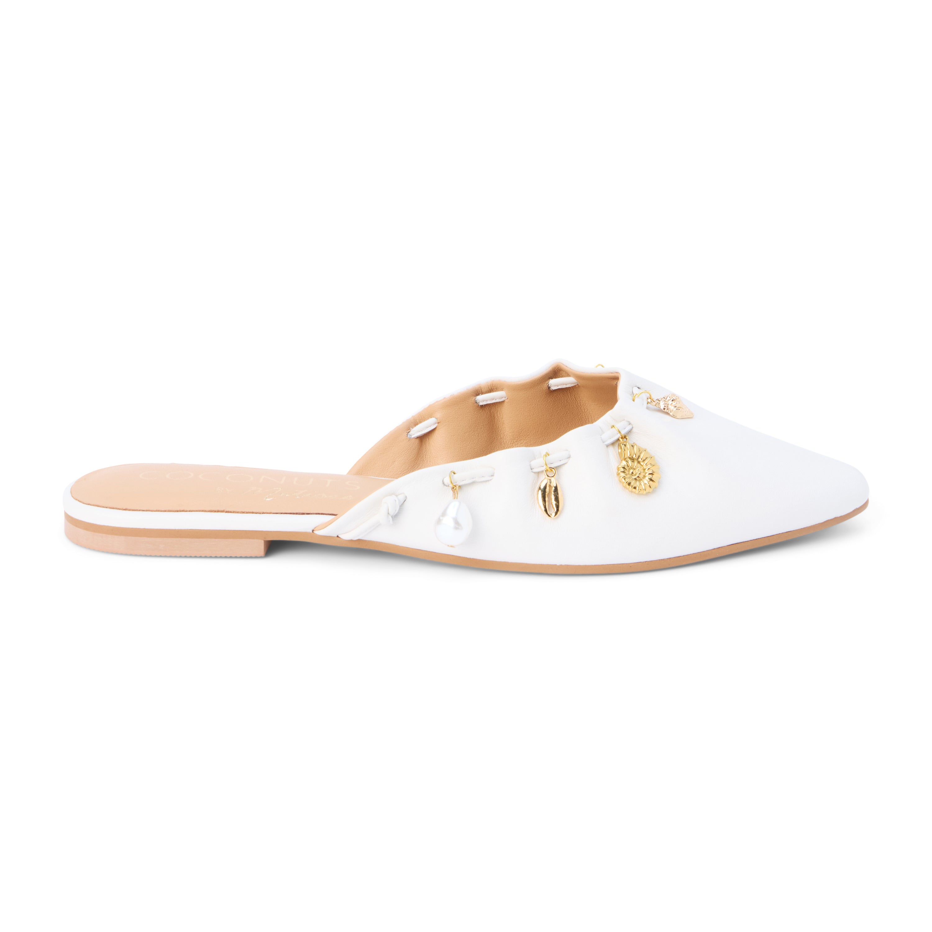 White leather mule with scalloped edges and decorative charms shown on a white background.