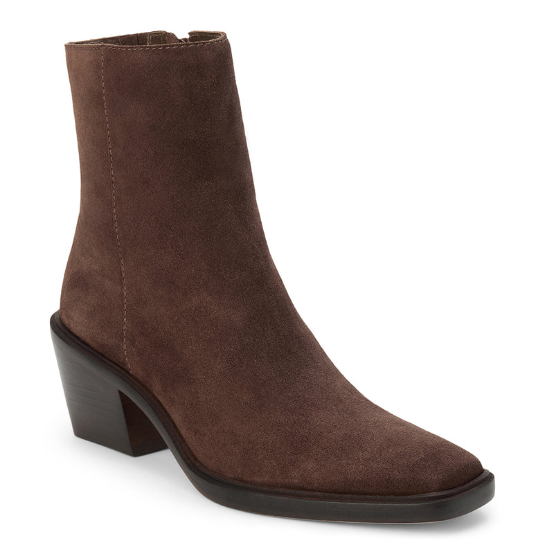 Nicolas Ankle Boot – Lenore by Matisse – Dark brown suede ankle boot with block heel and squared toe silhouette.