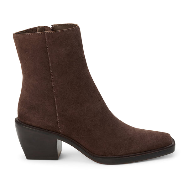 Nicolas Ankle Boot – Lenore by Matisse – Dark brown suede ankle boot with block heel and squared toe silhouette.