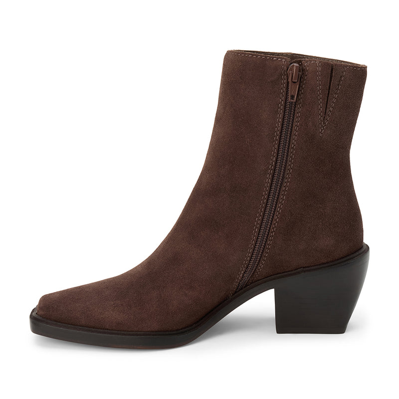 Nicolas Ankle Boot – Lenore by Matisse – Dark brown suede ankle boot with block heel and squared toe silhouette.