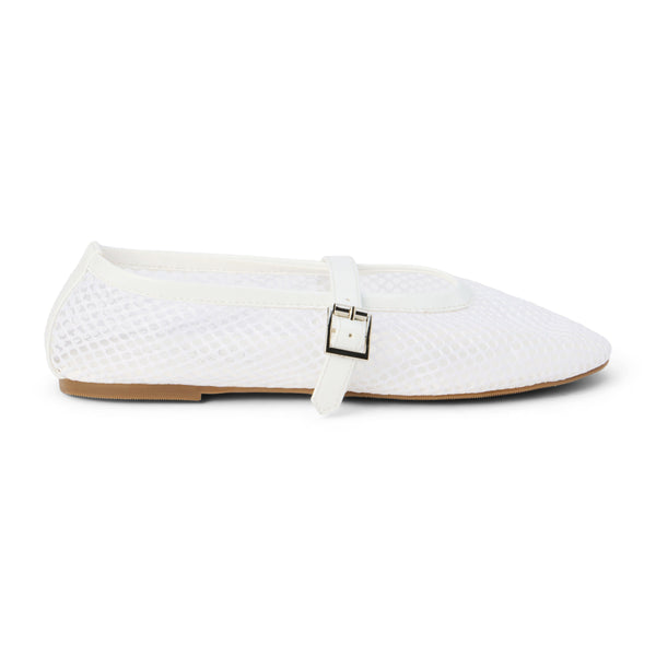 Nolita Ballet Flat – Coconuts By Matisse – White mesh ballet flats with a glossy faux leather trim, pointed toe, and adjustable Mary Jane strap. A sleek and modern interpretation of a classic staple.