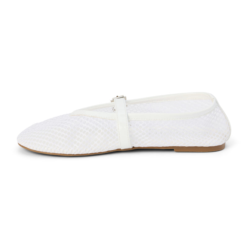 Nolita Ballet Flat – Coconuts By Matisse – White mesh ballet flats with a glossy faux leather trim, pointed toe, and adjustable Mary Jane strap. A sleek and modern interpretation of a classic staple.