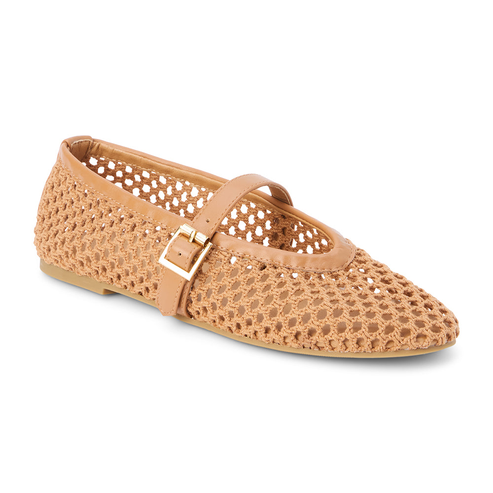 Tan woven textile ballet flat with a Mary Jane buckle strap, rounded toe, low-profile sole, and breathable crochet-style upper, shown on a white background.