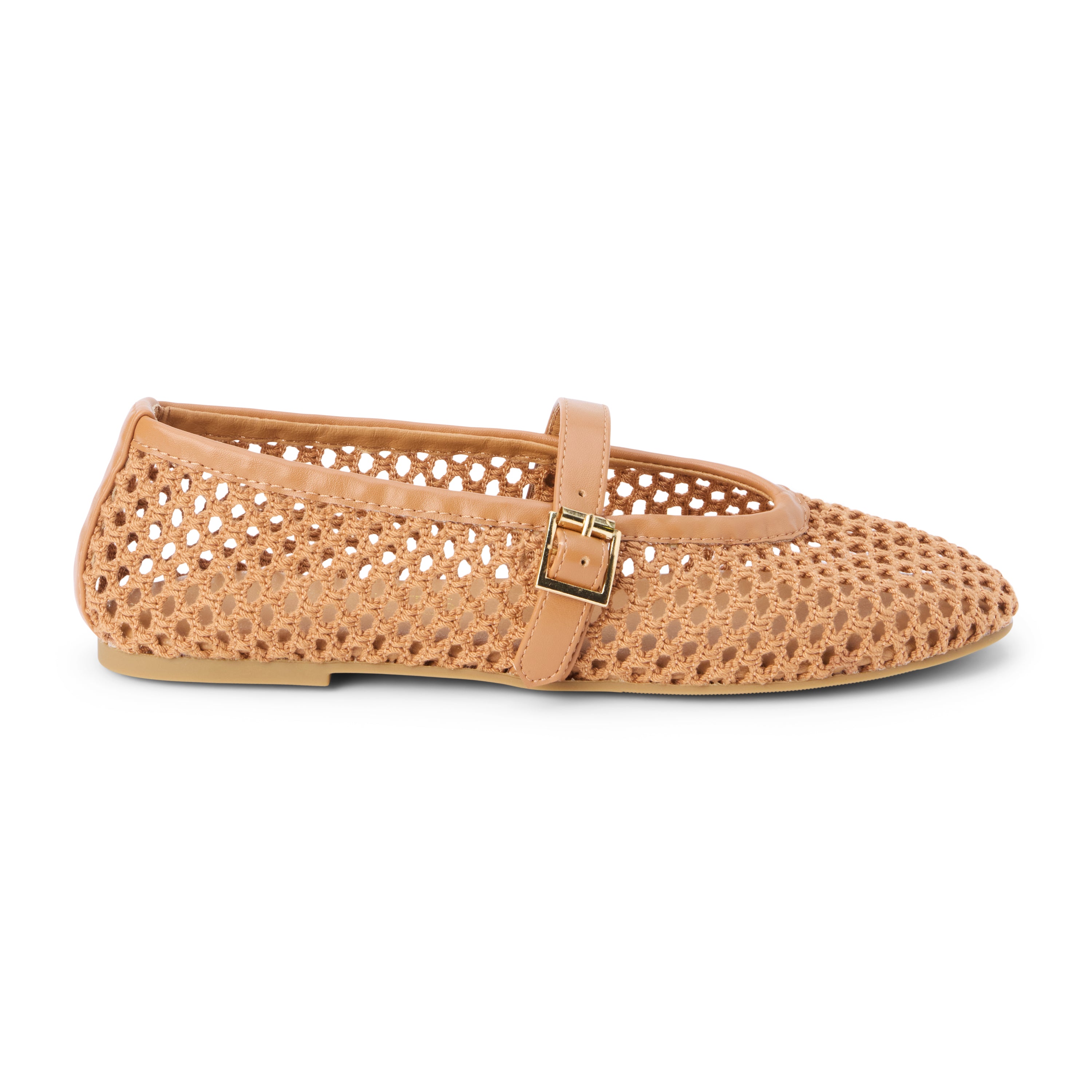 Tan woven textile ballet flat with a Mary Jane buckle strap, rounded toe, low-profile sole, and breathable crochet-style upper, shown on a white background.