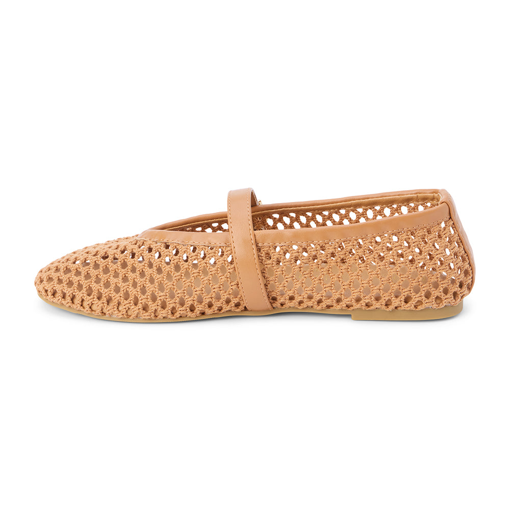 Tan woven textile ballet flat with a Mary Jane buckle strap, rounded toe, low-profile sole, and breathable crochet-style upper, shown on a white background.