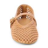 Tan woven textile ballet flat with a Mary Jane buckle strap, rounded toe, low-profile sole, and breathable crochet-style upper, shown on a white background.
