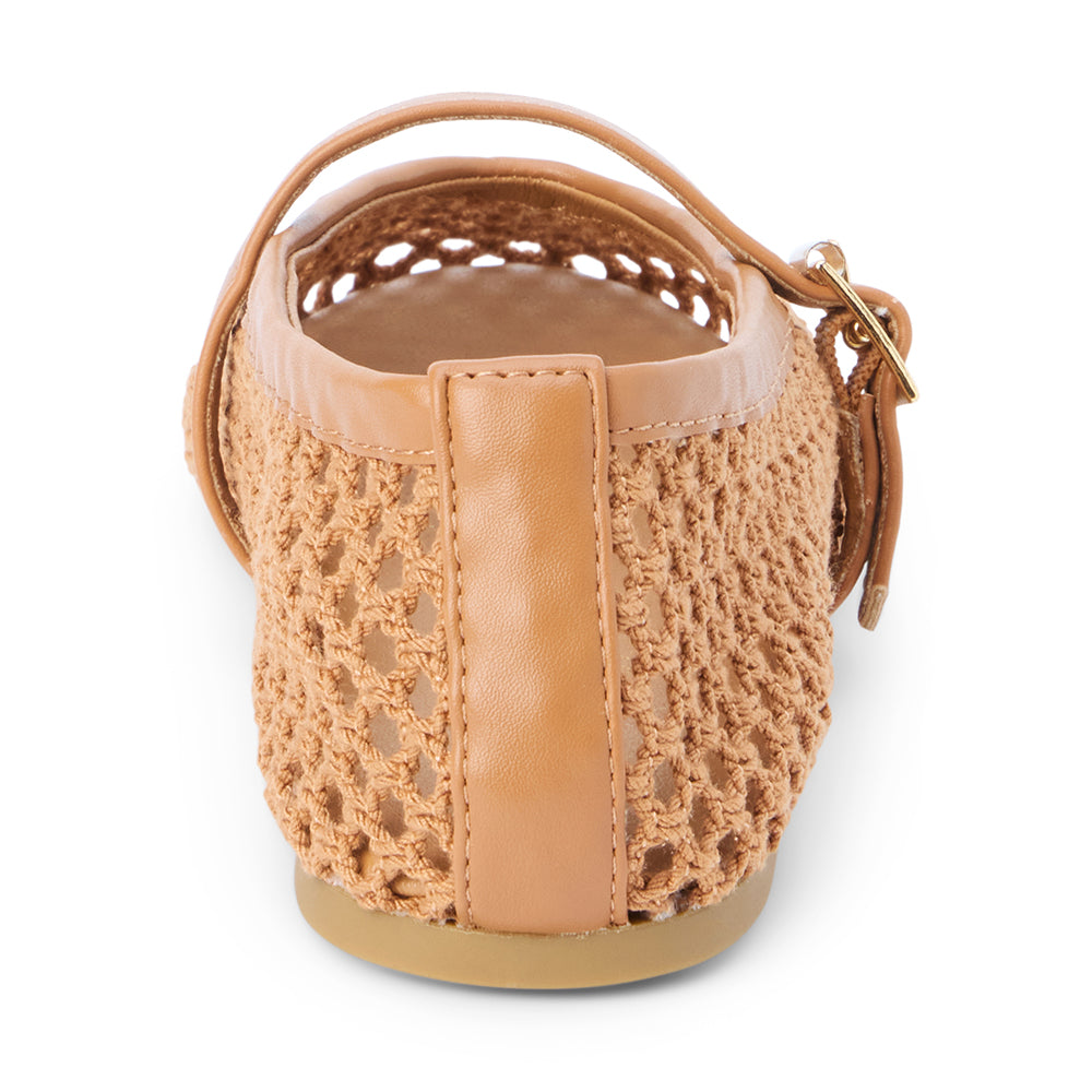 Tan woven textile ballet flat with a Mary Jane buckle strap, rounded toe, low-profile sole, and breathable crochet-style upper, shown on a white background.