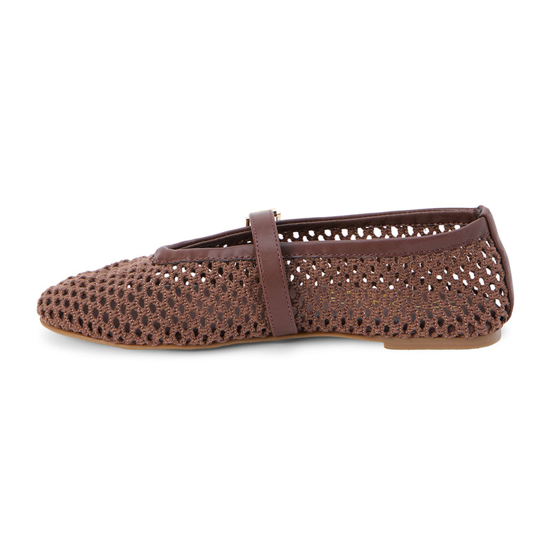 Nolita Ballet Flat – Coconuts By Matisse – Dark brown woven ballet flats with a square toe, Mary Jane strap, and silver buckle detail. A breathable and chic twist on a timeless silhouette.
