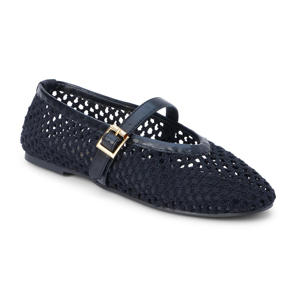 Ebony woven textile ballet flat with a Mary Jane buckle strap, rounded toe, low-profile sole, and breathable crochet-style upper, shown on a white background.