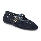 Ebony woven textile ballet flat with a Mary Jane buckle strap, rounded toe, low-profile sole, and breathable crochet-style upper, shown on a white background.