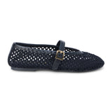 Ebony woven textile ballet flat with a Mary Jane buckle strap, rounded toe, low-profile sole, and breathable crochet-style upper, shown on a white background.