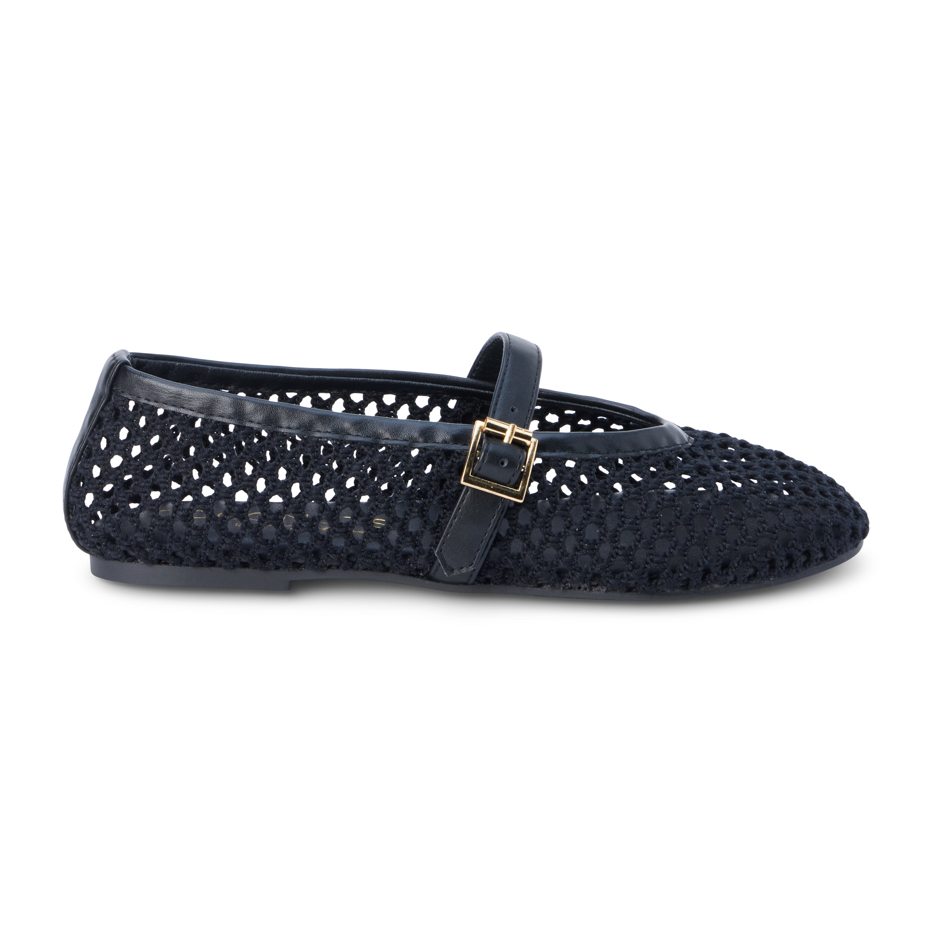 Ebony woven textile ballet flat with a Mary Jane buckle strap, rounded toe, low-profile sole, and breathable crochet-style upper, shown on a white background.