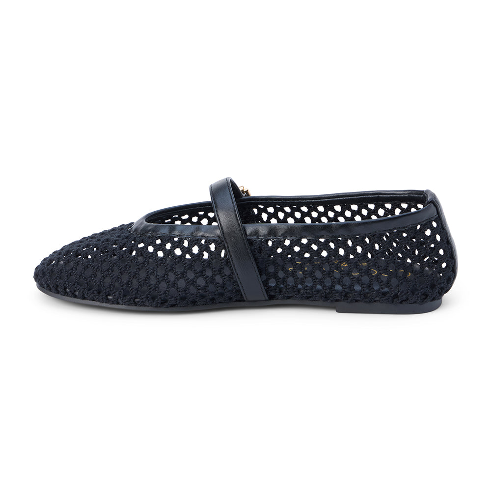 Ebony woven textile ballet flat with a Mary Jane buckle strap, rounded toe, low-profile sole, and breathable crochet-style upper, shown on a white background.