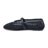 Ebony woven textile ballet flat with a Mary Jane buckle strap, rounded toe, low-profile sole, and breathable crochet-style upper, shown on a white background.