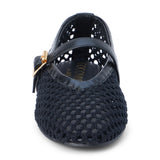 Ebony woven textile ballet flat with a Mary Jane buckle strap, rounded toe, low-profile sole, and breathable crochet-style upper, shown on a white background.