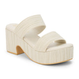 Light grey platform sandal with wide double straps and a sculpted heel, shown on a white background.