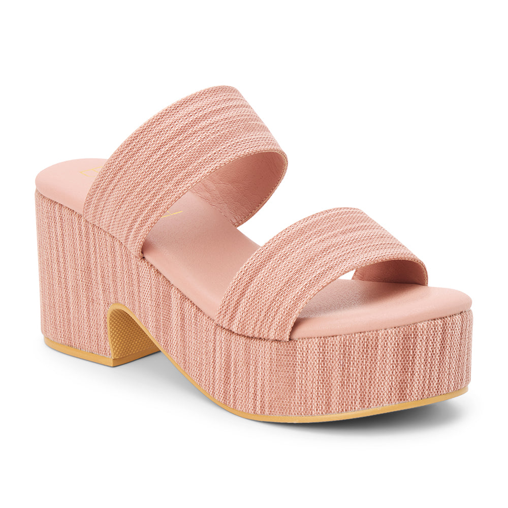 Light pink platform sandal with wide double straps and a sculpted heel, shown on a white background.