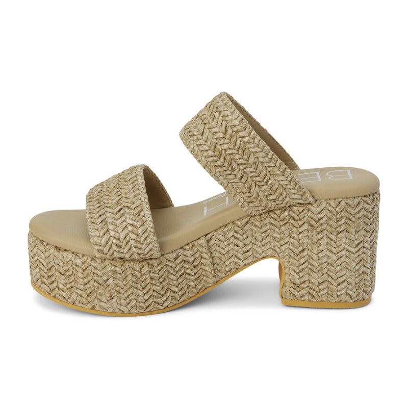 Ocean Ave Platform Sandal – Beach By Matisse – Taupe raffia platform sandals with a chunky heel, dual foot straps, and cushioned insole. A beach-to-brunch essential blending texture, height, and easy elegance.