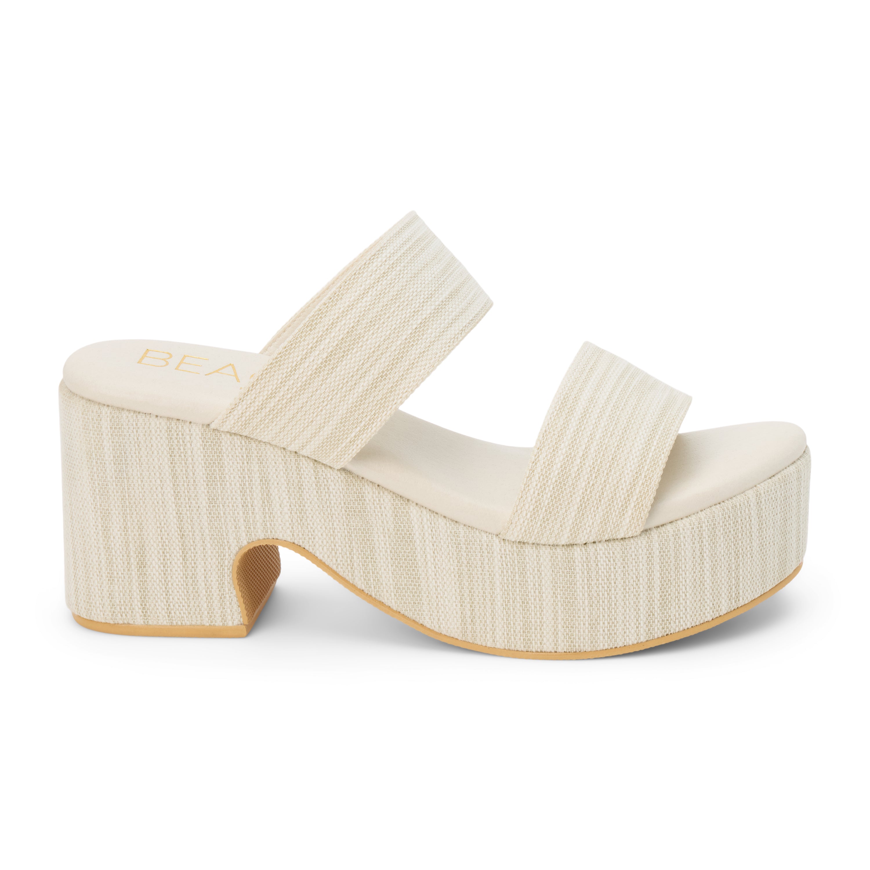 Light grey platform sandal with wide double straps and a sculpted heel, shown on a white background.