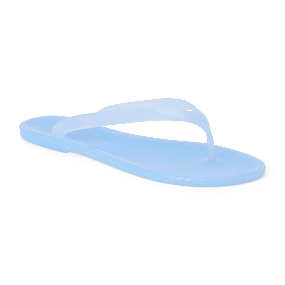 Light blue PVC jelly flip flop sandal with translucent straps, open toe, and flat sole, shown on a white background.