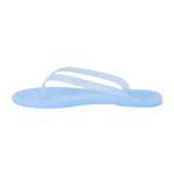 Light blue PVC jelly flip flop sandal with translucent straps, open toe, and flat sole, shown on a white background.