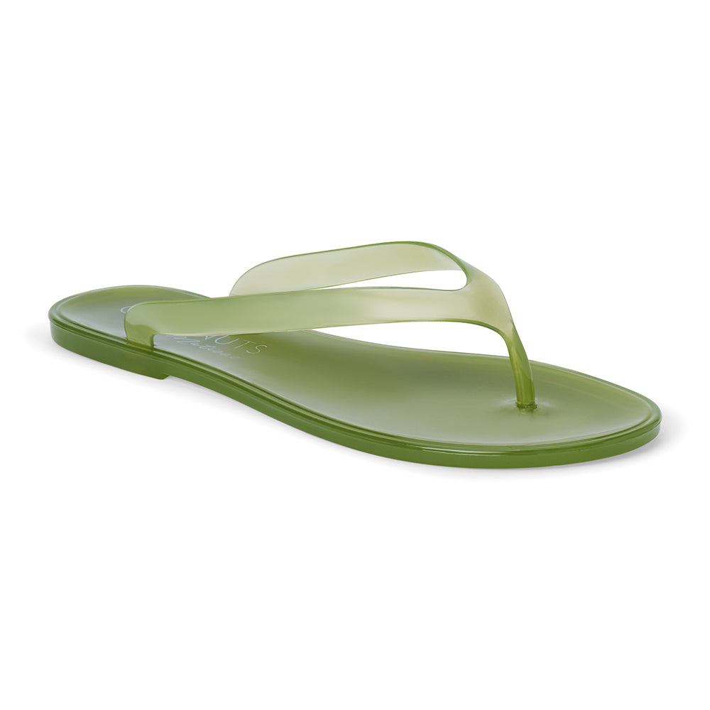 Green PVC jelly flip flop sandal with translucent straps, open toe, and flat sole, shown on a white background.