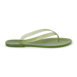 Green PVC jelly flip flop sandal with translucent straps, open toe, and flat sole, shown on a white background.