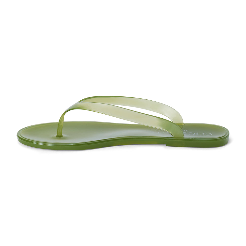 Green PVC jelly flip flop sandal with translucent straps, open toe, and flat sole, shown on a white background.