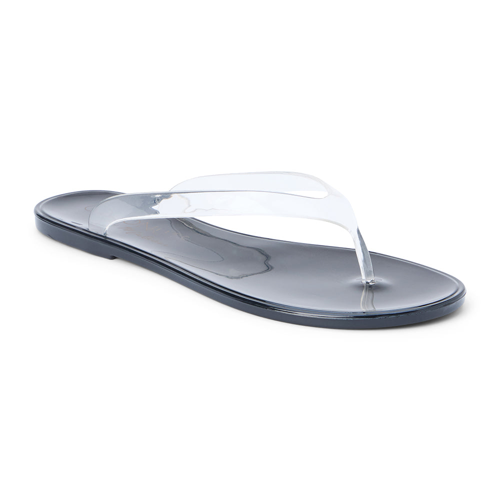 Clear PVC jelly flip flop sandal with translucent straps, open toe, and flat sole, shown on a white background.