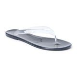 Clear PVC jelly flip flop sandal with translucent straps, open toe, and flat sole, shown on a white background.