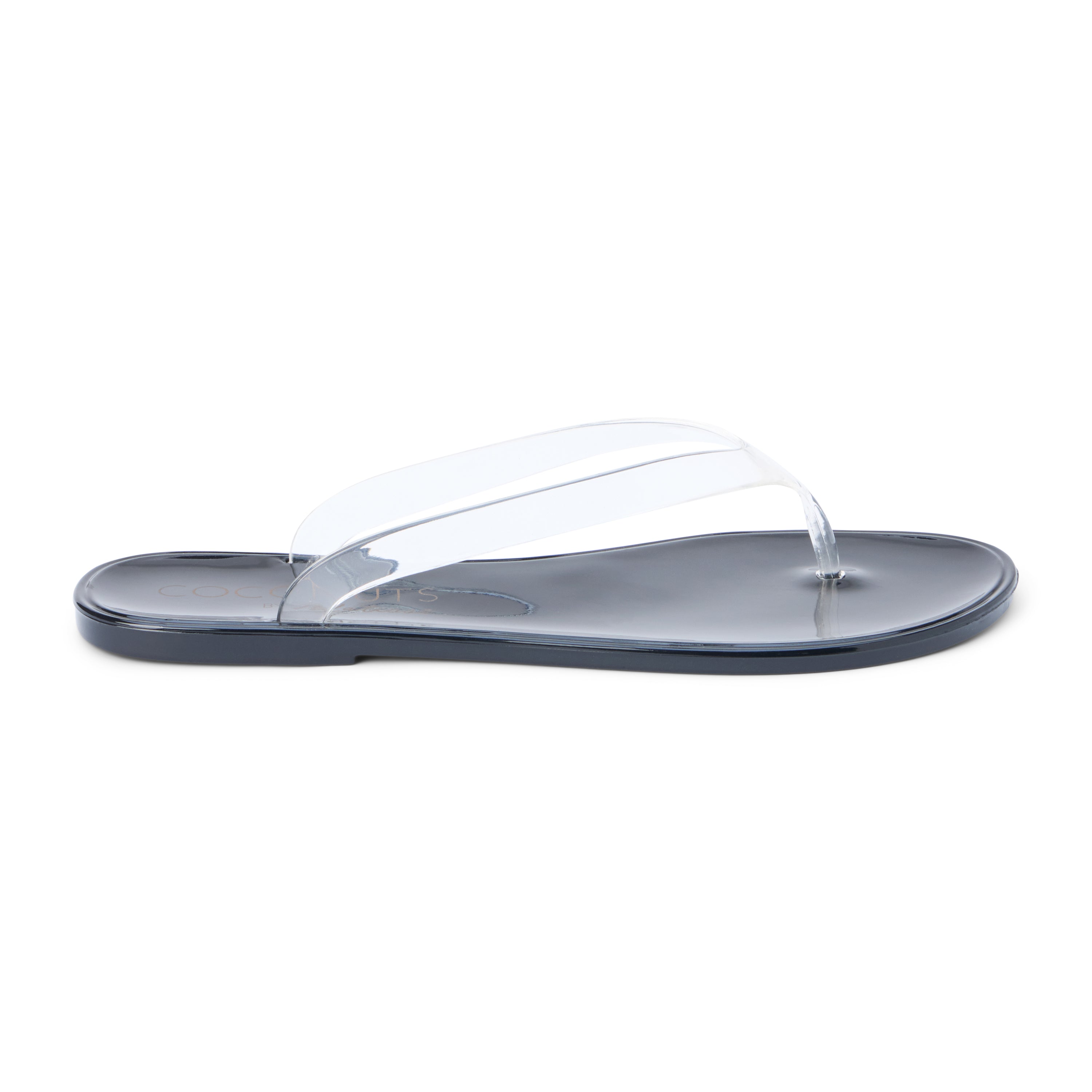 Clear PVC jelly flip flop sandal with translucent straps, open toe, and flat sole, shown on a white background.
