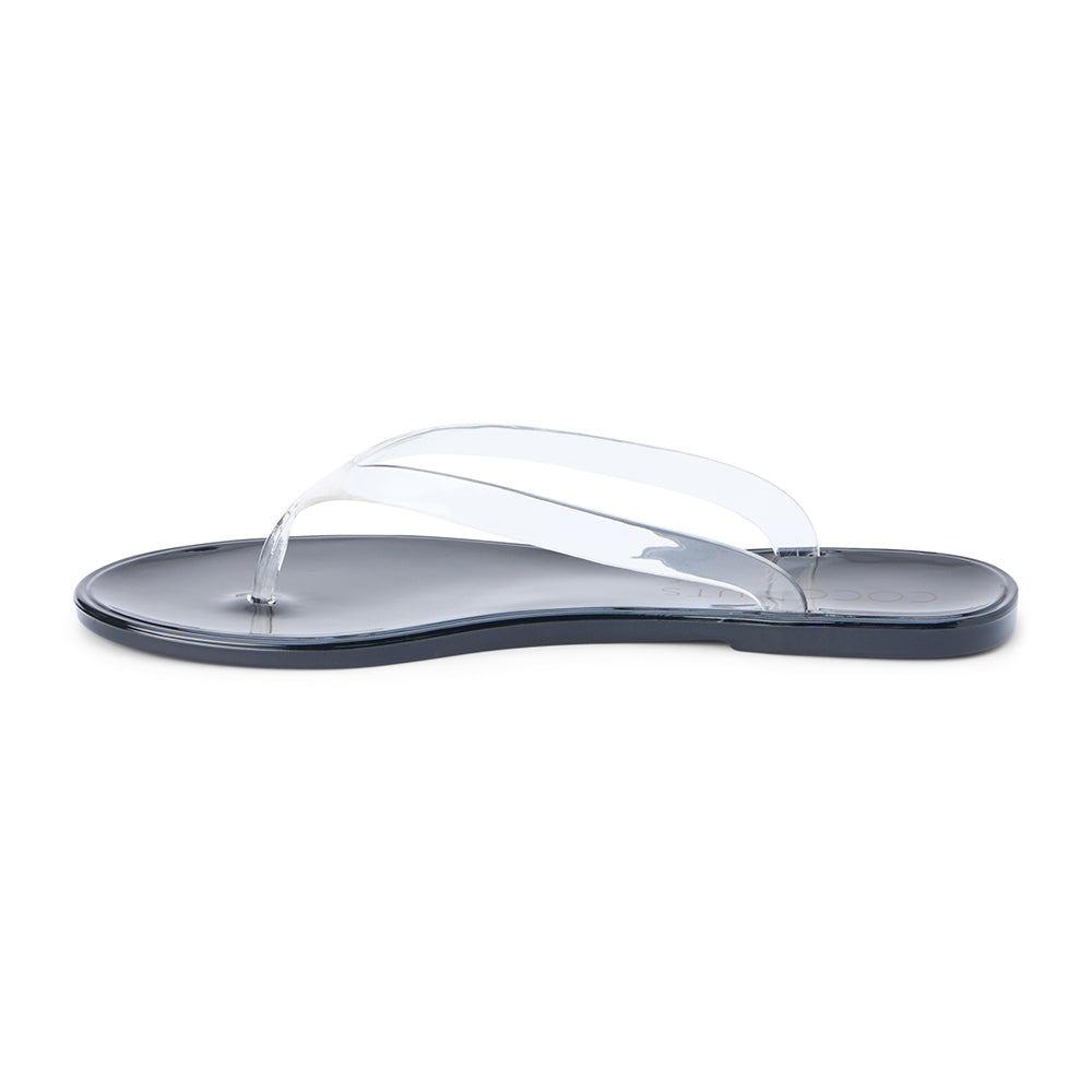 Clear PVC jelly flip flop sandal with translucent straps, open toe, and flat sole, shown on a white background.