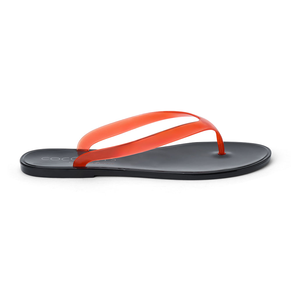 Red and black PVC jelly flip flop sandal with translucent straps, open toe, and flat sole, shown on a white background.