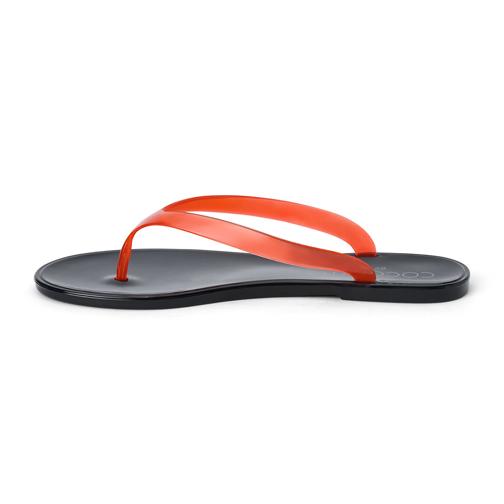 Red and black PVC jelly flip flop sandal with translucent straps, open toe, and flat sole, shown on a white background.