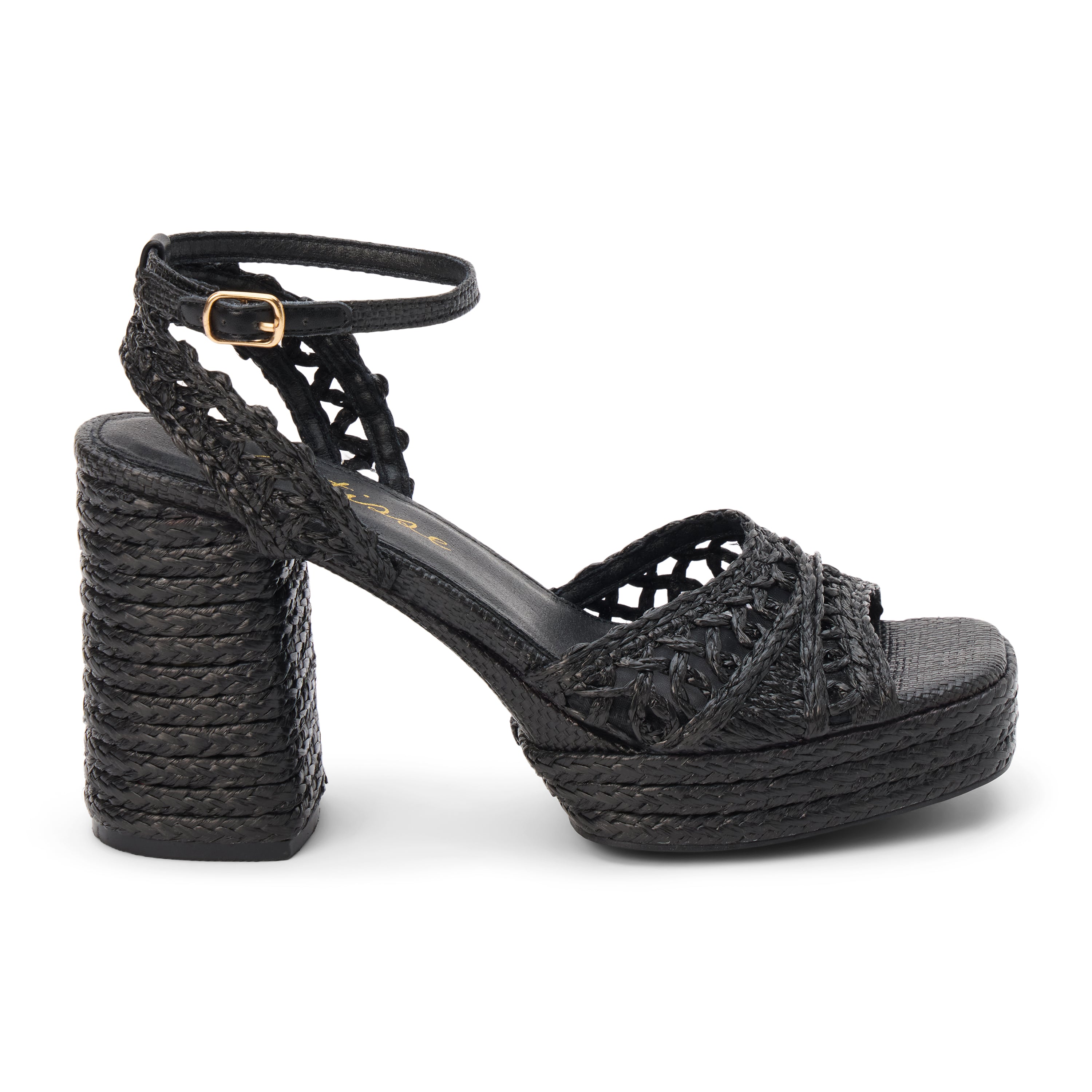 Black raffia platform sandal with woven straps, ankle buckle, and block heel, shown on a white background.