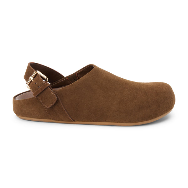 Otto Slingback Clog – Matisse – Brown suede closed-toe clog with adjustable slingback strap and low-profile sole.