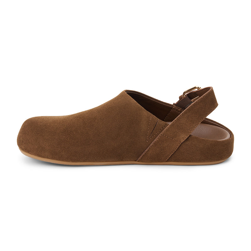 Otto Slingback Clog – Matisse – Brown suede closed-toe clog with adjustable slingback strap and low-profile sole.