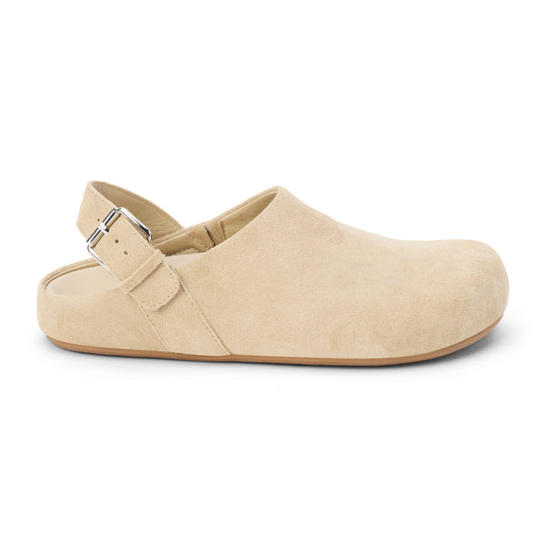 Otto Slingback Clog – Matisse – Light beige suede closed-toe clog with adjustable slingback strap and low-profile sole.