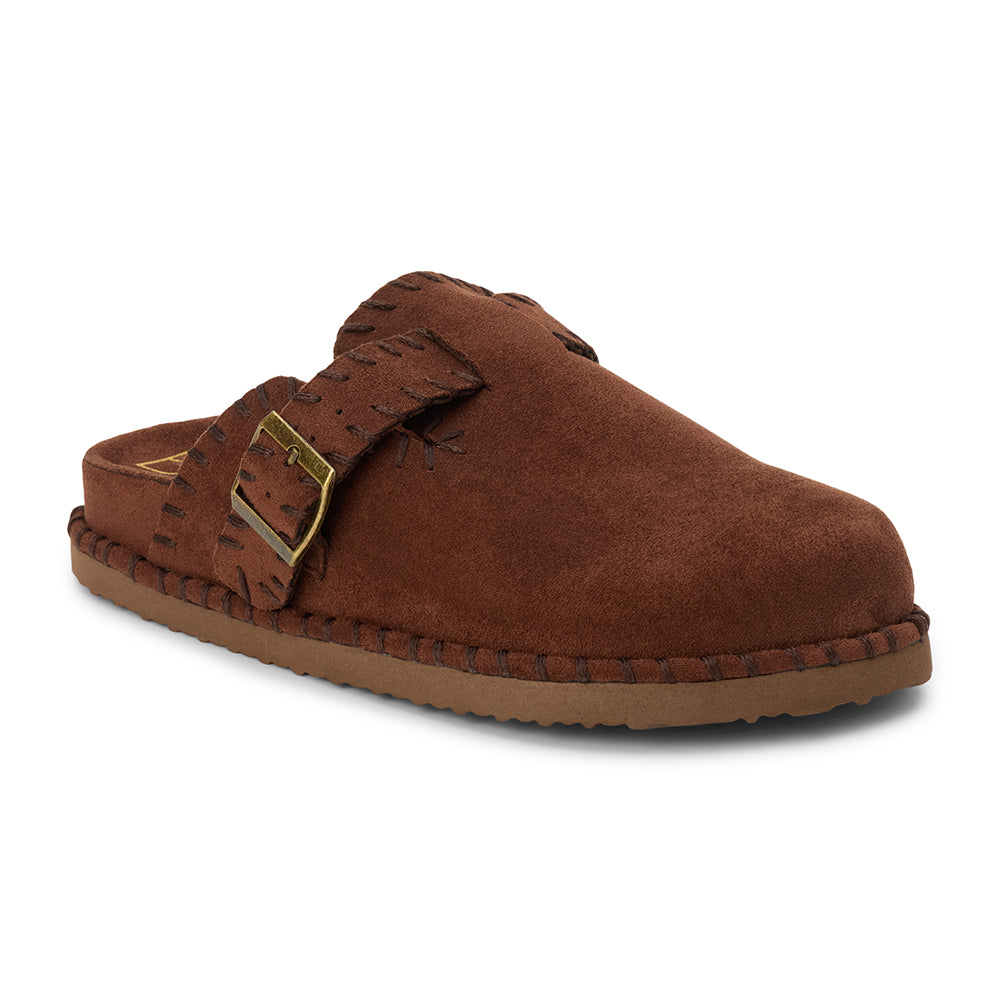 Dark brown slip-on clog with a closed toe, stitched edges, and an adjustable buckle strap, shown in a side profile on a white background.