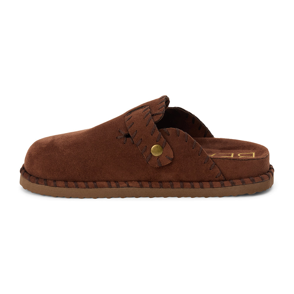 Dark brown slip-on clog with a closed toe, stitched edges, and an adjustable buckle strap, shown in a side profile on a white background.