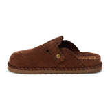 Dark brown slip-on clog with a closed toe, stitched edges, and an adjustable buckle strap, shown in a side profile on a white background.
