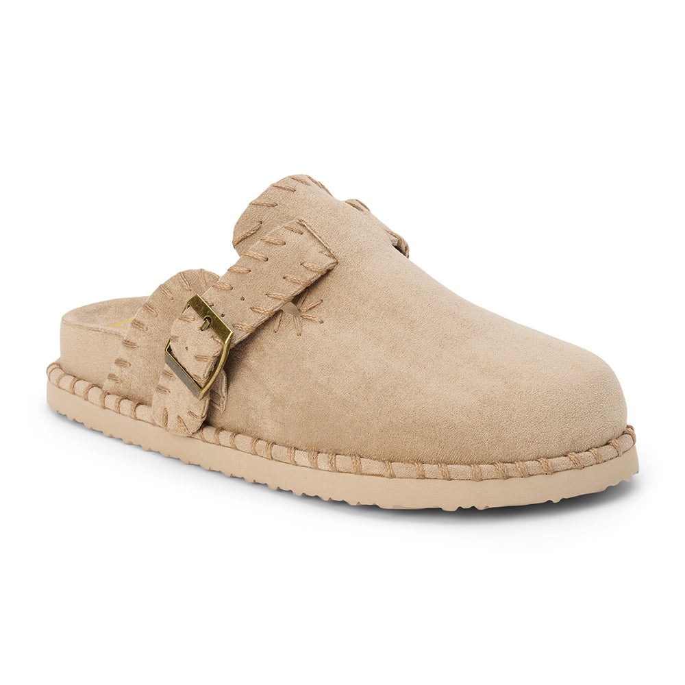Light beige slip-on clog with a closed toe, stitched edges, and an adjustable buckle strap, shown in a side profile on a white background.