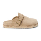 Light beige slip-on clog with a closed toe, stitched edges, and an adjustable buckle strap, shown in a side profile on a white background.