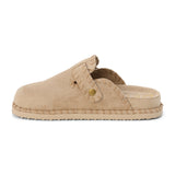 Light beige slip-on clog with a closed toe, stitched edges, and an adjustable buckle strap, shown in a side profile on a white background.