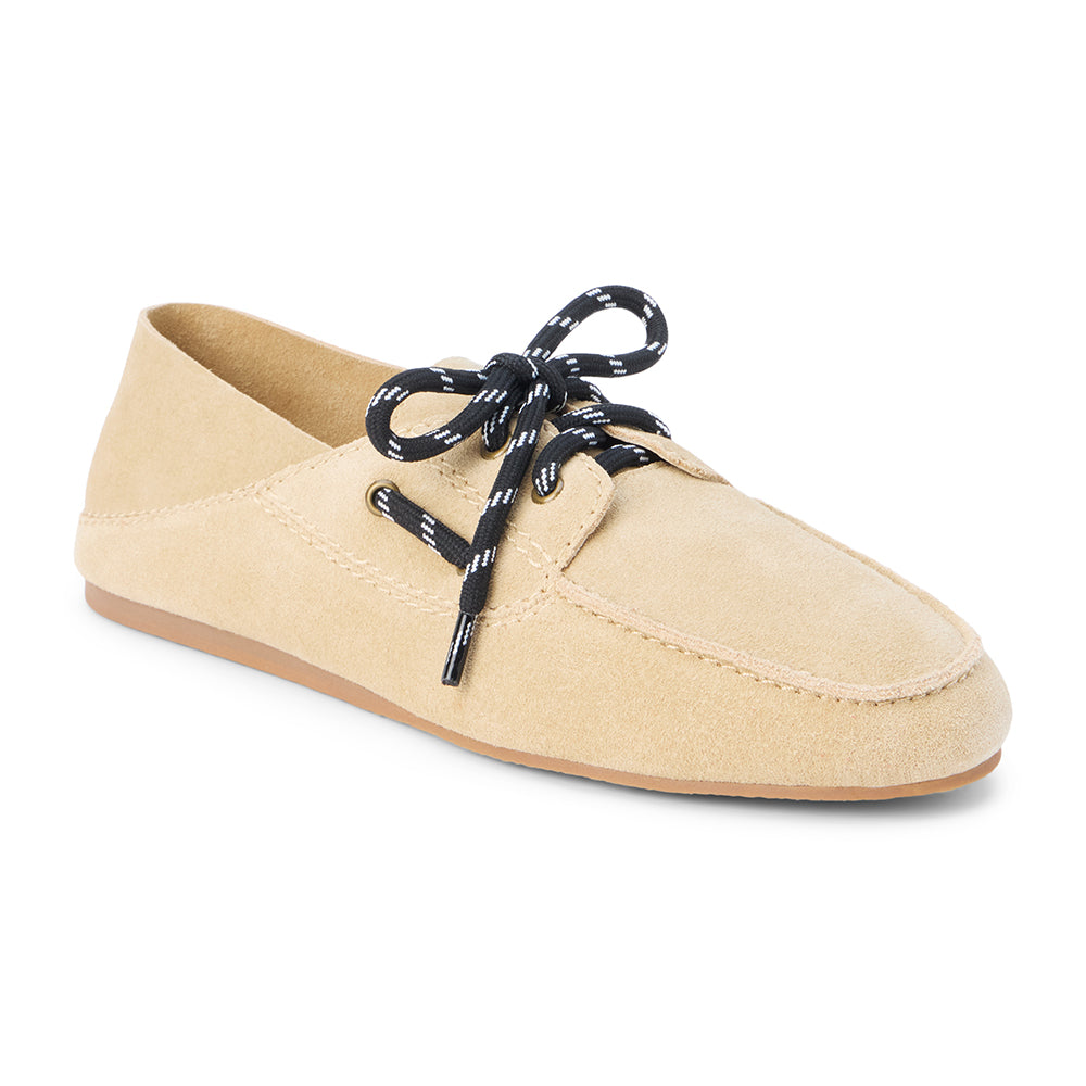 Light tan suede lace-up moc-toe loafer with low-profile sole, shown on a white background.