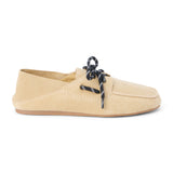 Light tan suede lace-up moc-toe loafer with low-profile sole, shown on a white background.