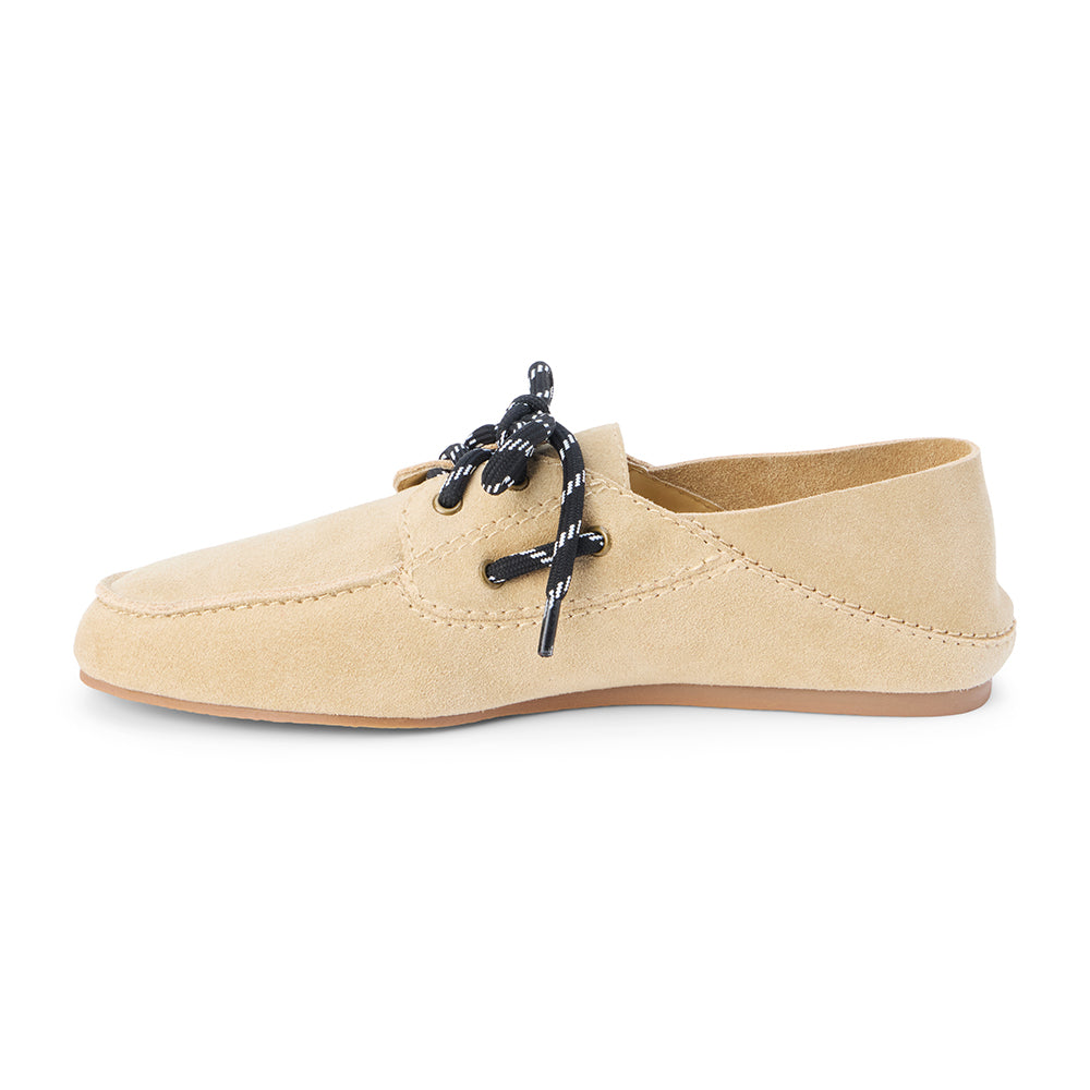 Light tan suede lace-up moc-toe loafer with low-profile sole, shown on a white background.