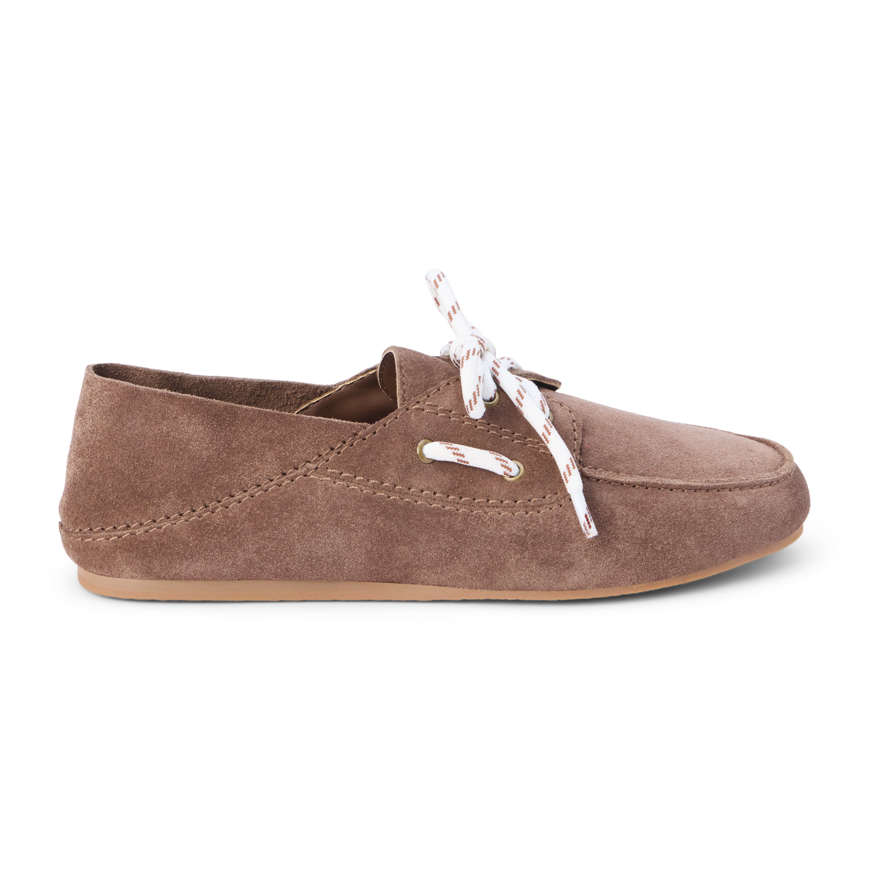 Light brown suede moc-toe boat shoe with lace-up detail and low-profile sole, shown on a white background.